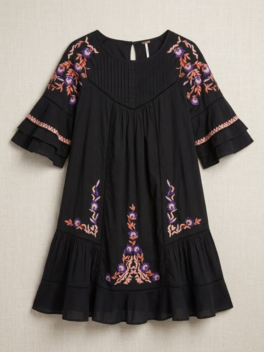 Free People Black Embroidered Boho Mini Dress with Purple & Pink Accents